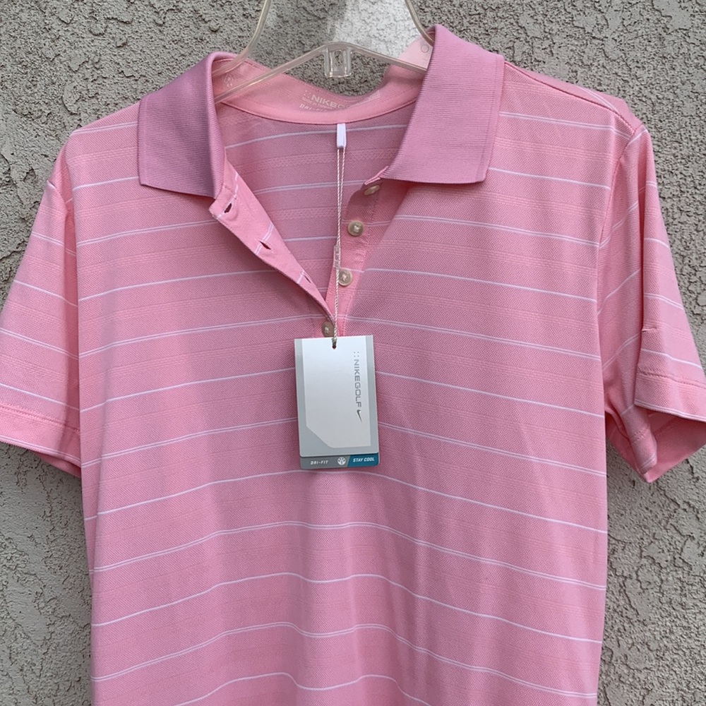 Nike Golf Dry Fit Medium Palm Springs Short Sleeve Pink and white stripp… - Picture 2 of 15